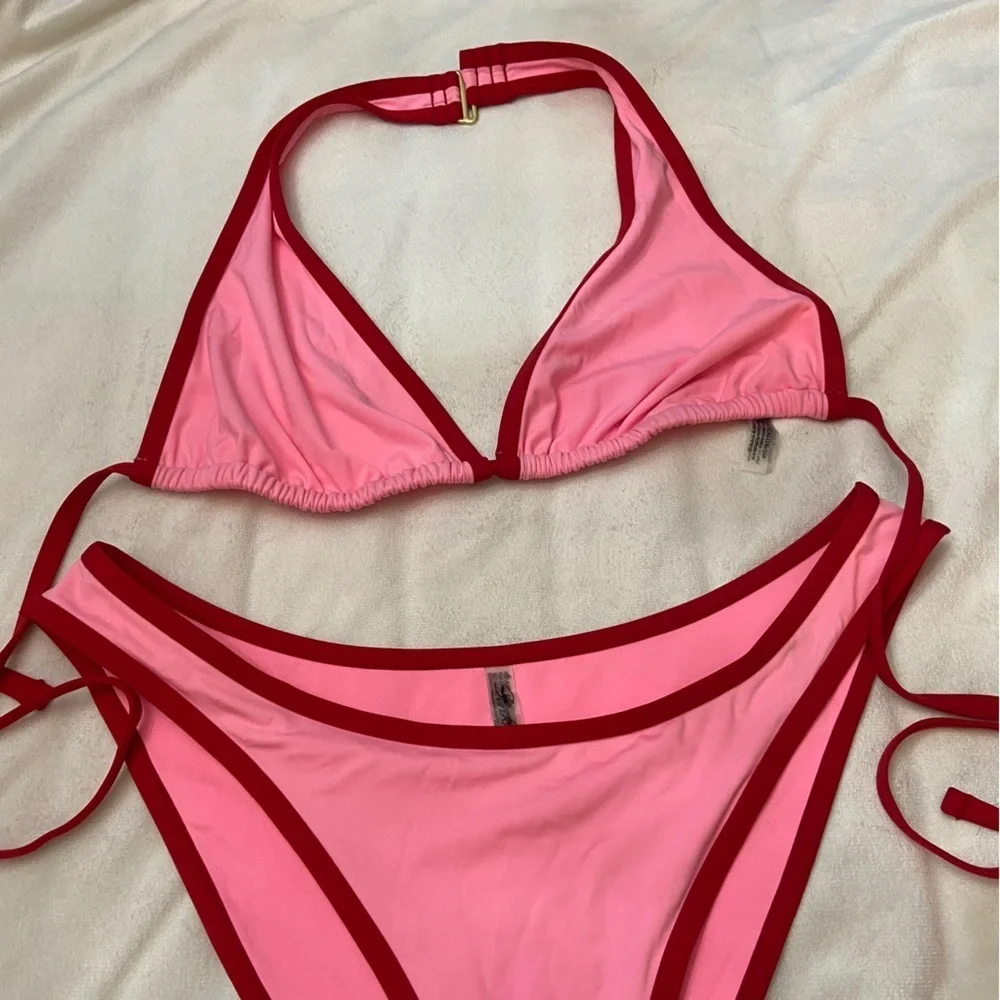 New! Frankie’s Bikinis x PINK Pink and Red halter Bikini 3989